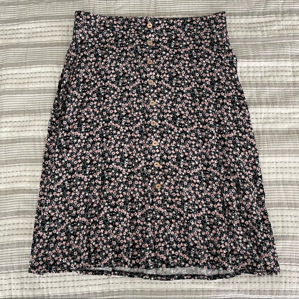 Maurices Midi Skirt Black with Pink and Blue Floral and Buttons